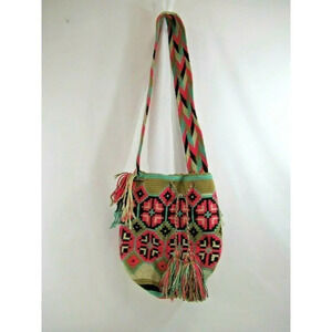 Wayúu Mochila Bag Purse Handbag Bucket Shoulder Straps Colombian Pink Teal Woven